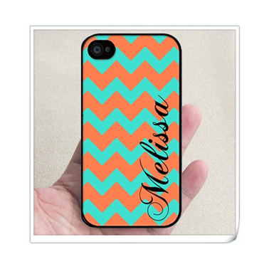 Personalized Turquoise And Coral Chevron Pattern Rubber Iphone 5 Case - Fits Iphone 5